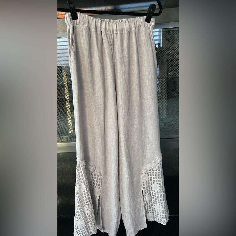 100% Linen wide leg cropped pants with lace inserts on the bottom